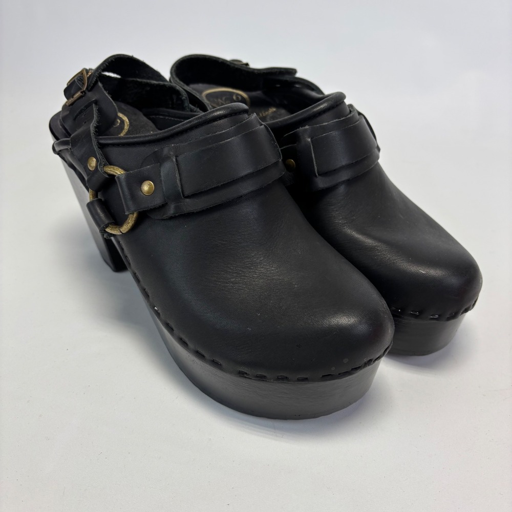 No.6 Leather Slingback Clogs Womens 7.5 Black Harness O-Ring Wood Heel‎